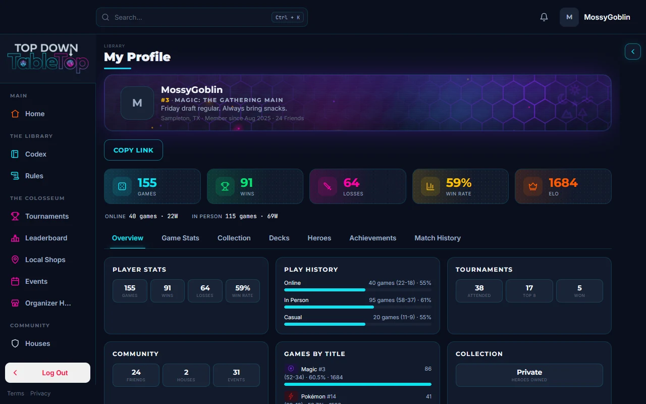 A player profile page for a sample player, showing ELO and stats.