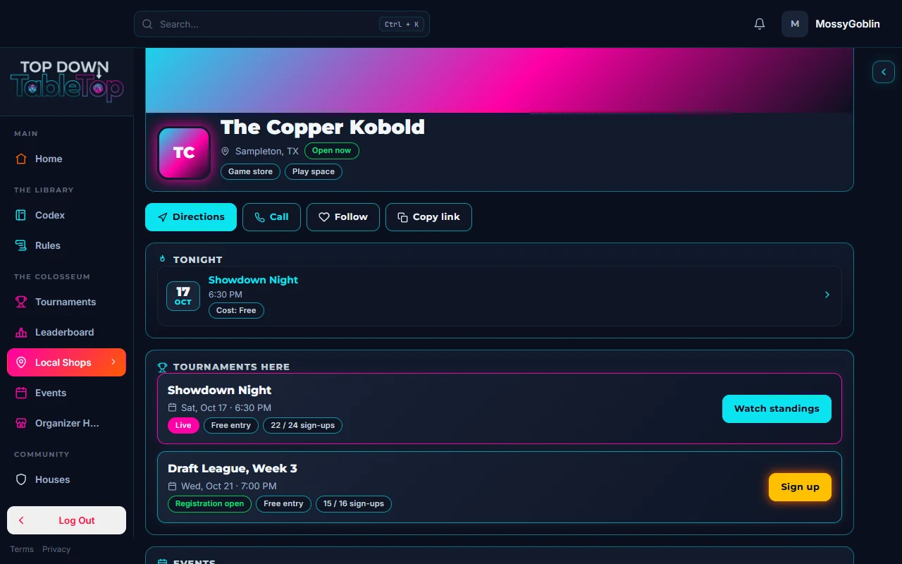 The page of a sample game store, with its upcoming events.